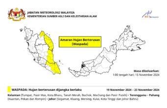Hujan berterusan diramal di Terengganu, Kelantan, Pahang, Johor minggu depan